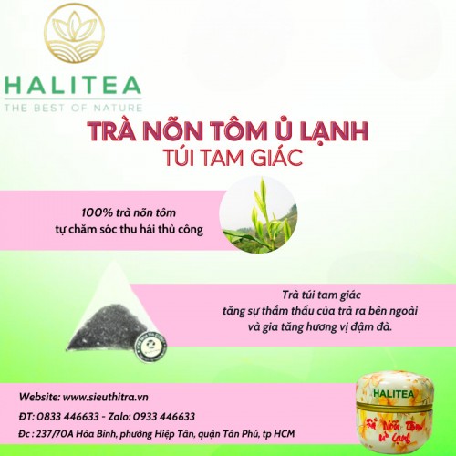 Trà Nõn Tôm Ủ Lạnh HALITEA Túi Tam Giác Hộp Thiếc 50g/ hộp/ 10 túi 